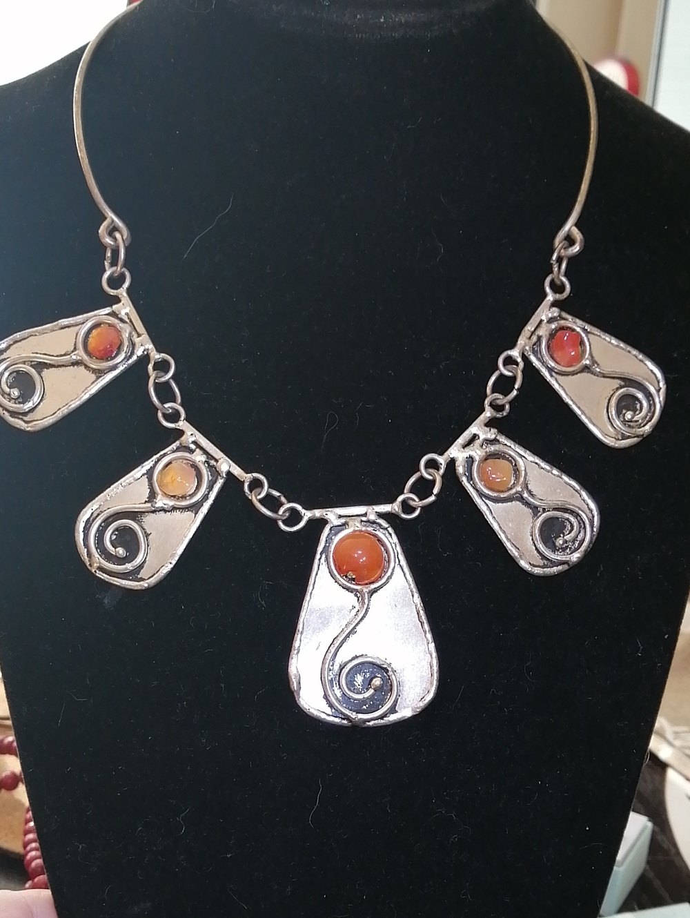 Artisan Bohemian Vintage Metal Collar Necklace With Carnelian Stones